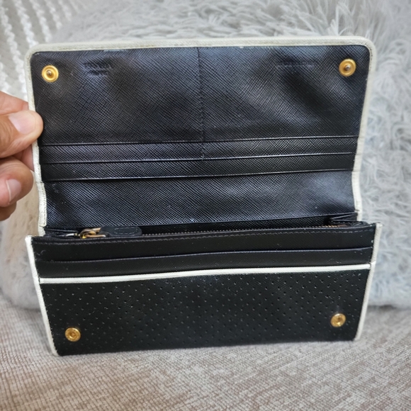 Prada Black/White Perforated Saffiano Leather Flap Continental Wallet - Picture 7 of 12